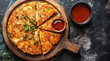 Delicious South Korean Kimchi Pancakes Served on Wooden Board