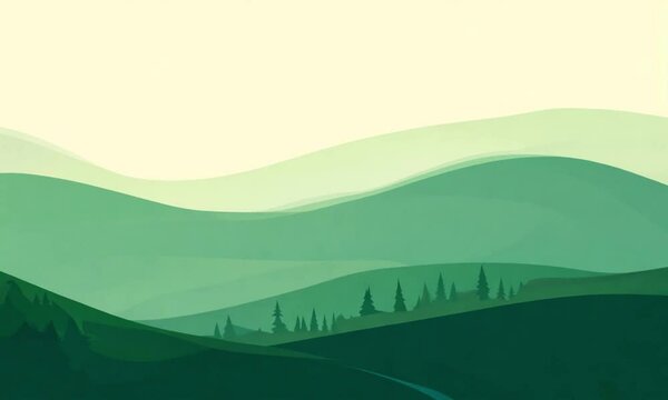 Animation showing shifting green layers of trees and rolling hills with gentle parallax effect and calm atmosphere