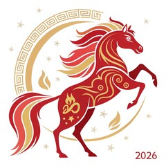 Cartoon illustration of a cute, fiery horse symbolizing the Year of the Fire Horse 2026, with a red and gold color palette, surrounded by lanterns, fireworks, clouds, and traditional Chinese patterns