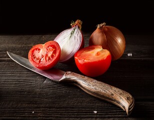 Cebollas tomates y lechuga sobre mesa de madera 