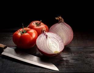 Cebollas tomates y lechuga sobre mesa de madera 