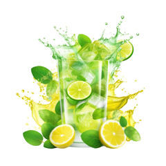 Mojito or lemonade drink Swirl water splash with lime isolated on transparent background.