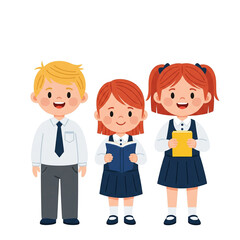 Cheerful School Children in Uniform Reading Learning and Education Concept.