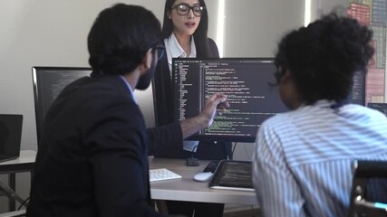 Diverse AI tech team reviewing code for a machine learning algorithm. Indian male and Hispanic female programmers collaborating on artificial intelligence development. - Powered by Adobe