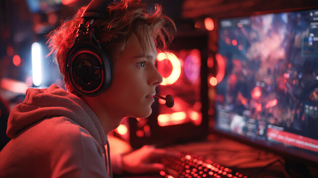 Young gamer immersed in an online game with a headset and microphone. - Powered by Adobe