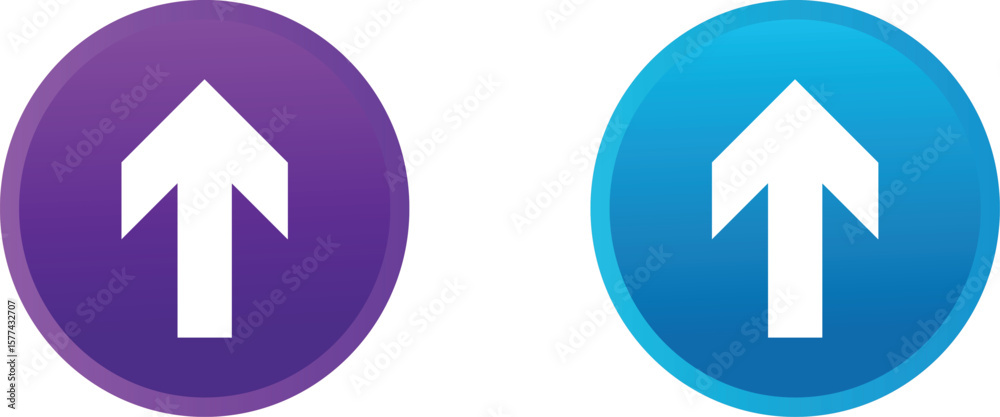 Poster Two circular gradient buttons with white up arrows isolated on transparent background