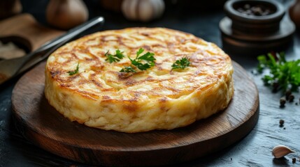 Delicious Spanish Tortilla on Wooden Board Surrounded by Ingredients