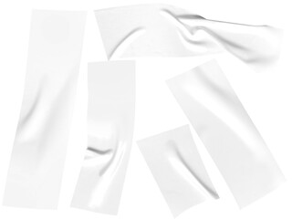 Collection of white adhesive tapes against a transparent background, showing multiple textures and shapes for design element use.