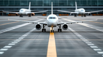 Airplane on with multiple aircraft in background, showcasing aviation and travel