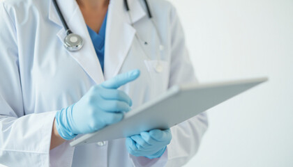 Doctor with tablet in a clinical setting, medical professional using digital technology for health