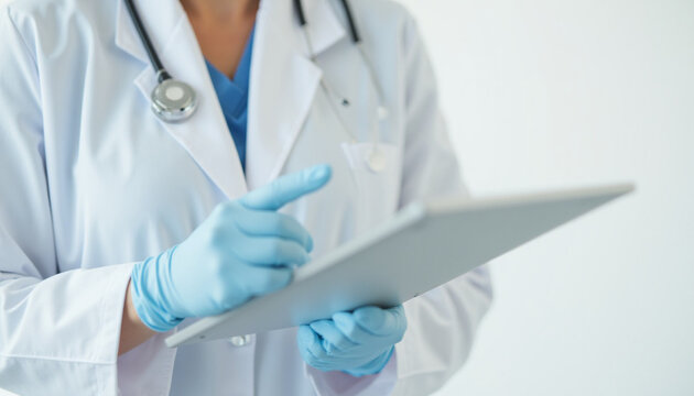 Doctor with tablet in a clinical setting, medical professional using digital technology for health