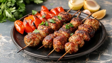 Grilled Turkish Kofte Meatballs with Fresh Vegetables on Plate