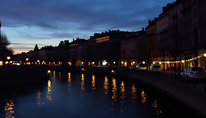 Obraz premium Evening cityscape with streetlights reflecting on a tranquil canal, creating an impressionistic urban glow.