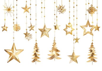 Gold Christmas decoration elements hanging on a white background vector illustration, clip art for sublimation design, with a white background 