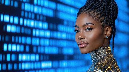 Shimmering metallic bodysuit, confident pose, vibrant blue background, captivating beauty