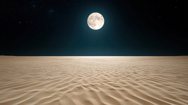 Serene desert landscape under bright full moon, showcasing soft sand dunes and starry sky
