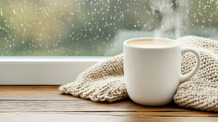 Steaming mug of hot cocoa on windowsill with rain outside creates cozy atmosphere