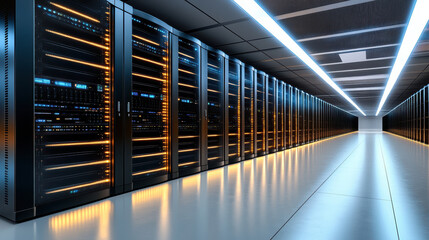 Ultra modern black server towers illuminated with ambient lighting create high tech atmosphere