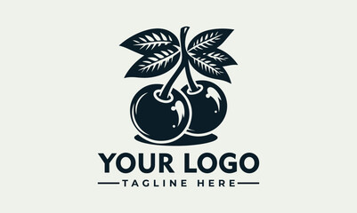 Elegant monochrome logo featuring two cherries on a stem with leaves, ideal for a food or drink brand.
