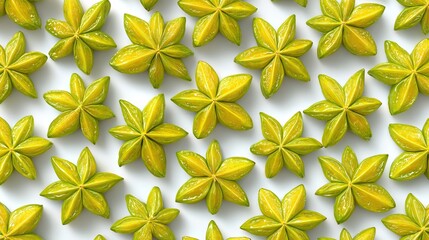 Grid of many ripe yellow-green starfruit slices on white background in patterned lay-flat