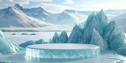 Circular ice platform surrounded by icy mountains and frozen landscape