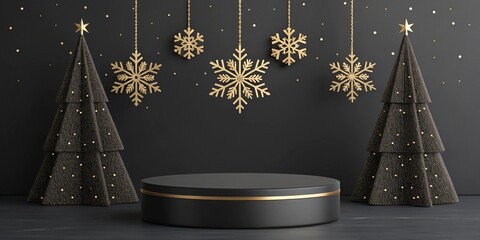 Elegant black stage with festive gold snowflakes and christmas trees