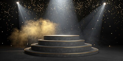 Luxurious tiered podium with golden accents and spotlight in a smoky atmosphere