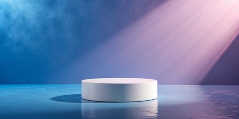 Minimalist white podium on reflective blue surface with dramatic pink and blue spotlight effect