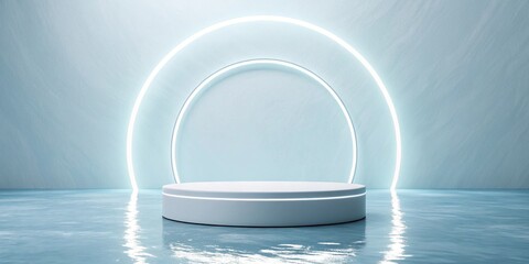 Minimalist white podium on reflective water with glowing neon arch background