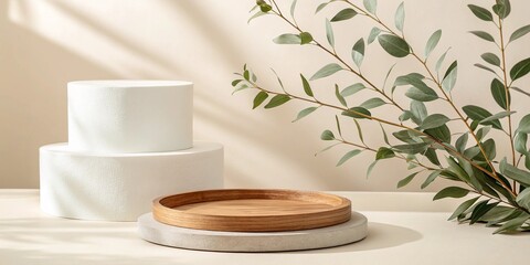 Minimalist scene with white cylindrical pedestals and natural wood tray with eucalyptus branches