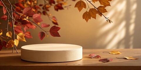 Autumn leaves frame a neutral display podium on a wooden surface