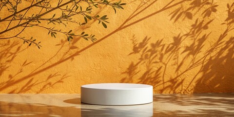 Minimalist white podium with dappled sunlight and plant shadows on textured orange wall