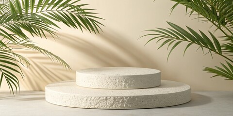 Minimalist stone display podiums with tropical palm leaves and soft shadows
