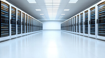 High tech server room with aligned racks, modern design, and bright lighting