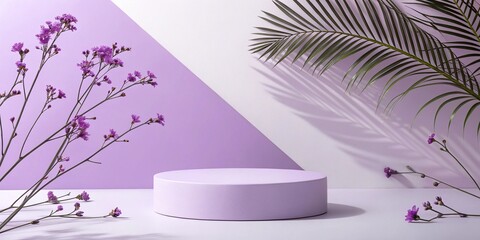 Minimalist scene with lavender podium and purple flowers with palm leaf shadows
