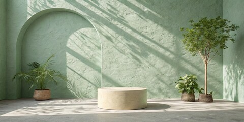 Minimalist interior with green textured wall arched alcove and potted plants