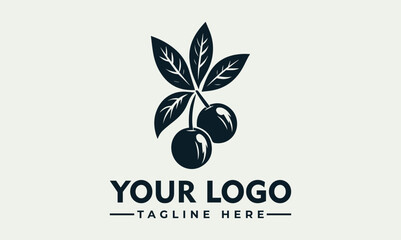 Elegant monochrome logo featuring two cherries on a stem with leaves, ideal for a food or drink brand.