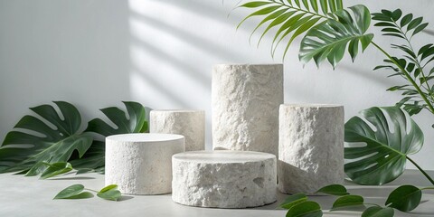 Natural stone pedestals with lush green tropical leaves and soft light