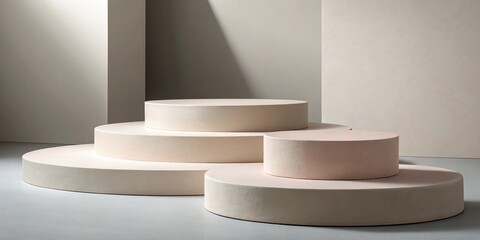Minimalist stepped display podiums in neutral tones with soft shadows