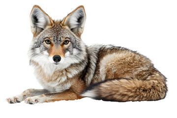 Fototapeta premium A lone coyote Canis latrans isolated on white background closeup in winter snow in Canada