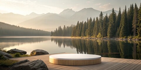 Serene mountain lake at sunrise with a modern circular platform on a wooden deck