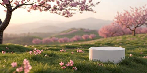 Empty pedestal on a grassy hill with blooming cherry blossom trees at sunset