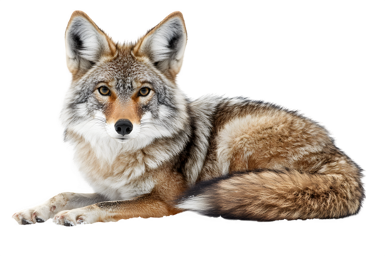 A lone coyote Canis latrans isolated on white background closeup in winter snow in Canada