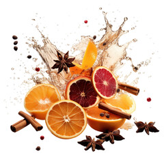 splashes of mulled wine and falling cinnamon dried orange isolated on transparent background.