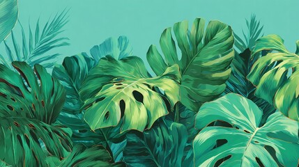 Fototapeta premium Lush tropical foliage illustration against a teal background, featuring monstera leaves