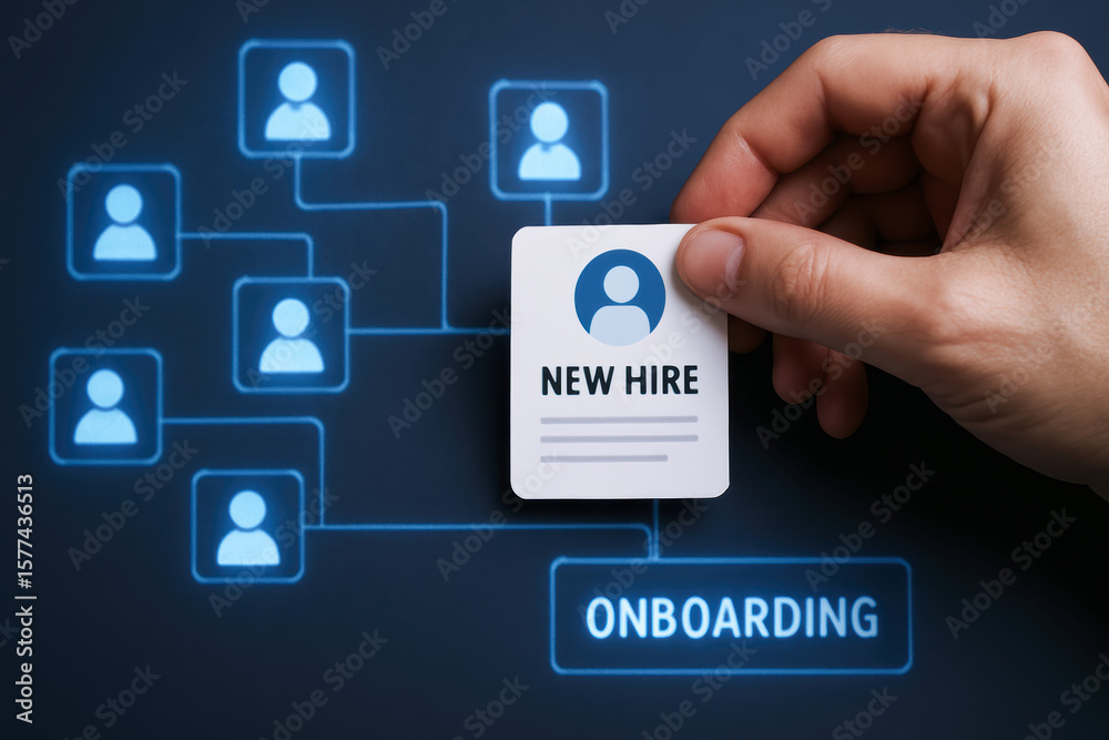 Poster the integration new team members is visually represented through a digital workflow illustrating onb