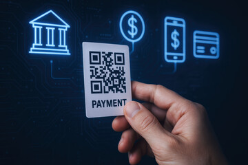 A digital transaction is initiated as a holds a card displaying a QR code for payment processing within a futuristic banking interface