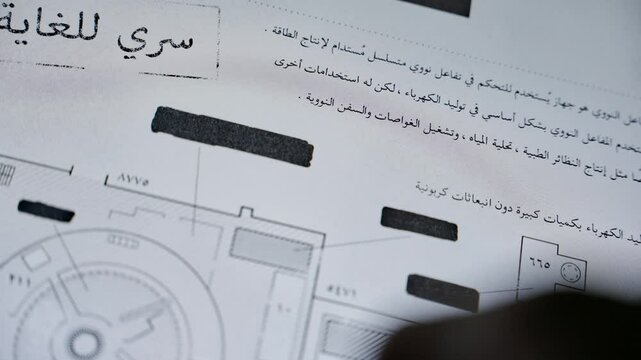 Close up on computer with top secret documents in Arabic changing on screen as hand of person clicking on mouse. Spy agent or government intelligence analyst looking at leaked classified report files
