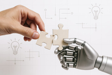 Collaboration between human creativity and technological innovation is symbolized by connecting puzzle pieces illustrating the link between ideas and progress in business strategy
