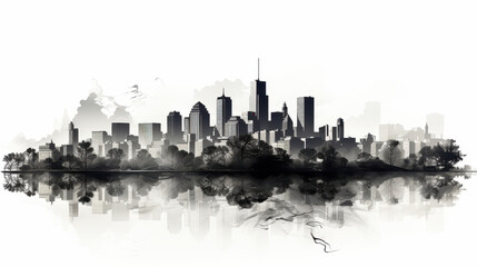 Black and White Modern City Silhouette, Futuristic and Minimalist, Isolated on a Pure White Background